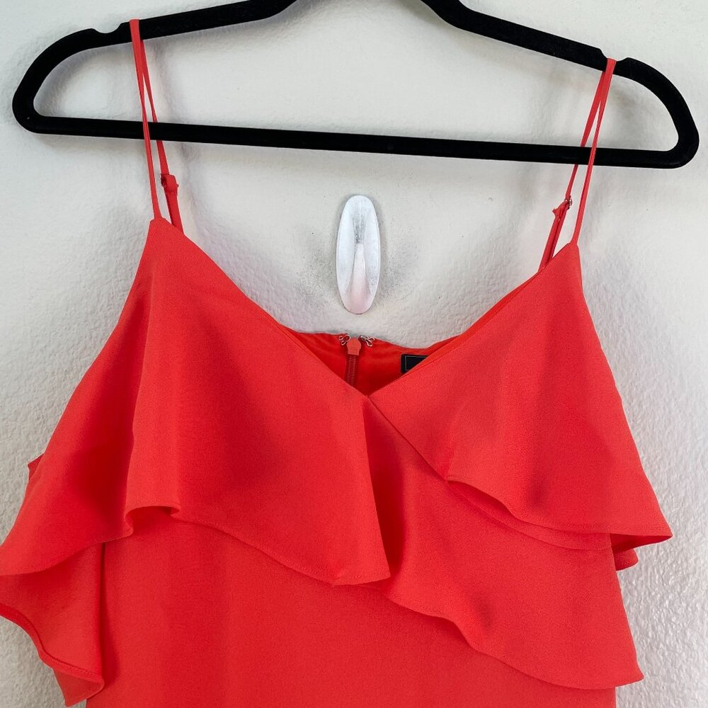 NEW BCBGMaxAzria Womens 0‎ Red Orange Spaghetti Strap Asymmetrical Ruffle Dress - Picture 4 of 11